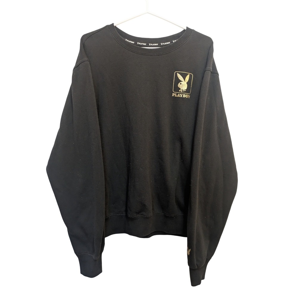 Playboy Graphic Sweatshirt Men's Large Black Crewneck Bunny Logo Gold Print‎
